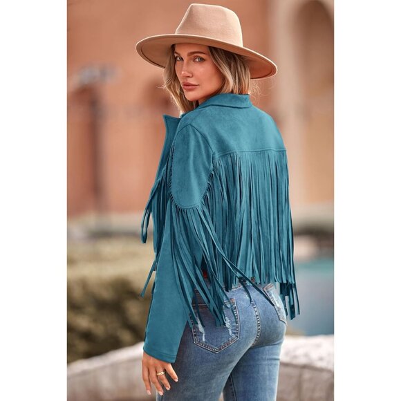 Prettygarden Women's Lake Blue Fringe Motorcycle Cropped Faux Leather Jackets - Picture 2 of 9